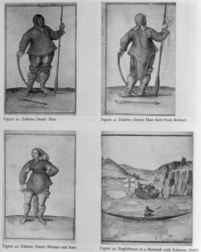Eskimo (Inuit) Mann; Eskimo (Inuit) Mann von hinten gesehen; Eskimo (Inuit) Frau und Baby; Engländer in einem Gefecht mit Eskimos (Inuit) von John White